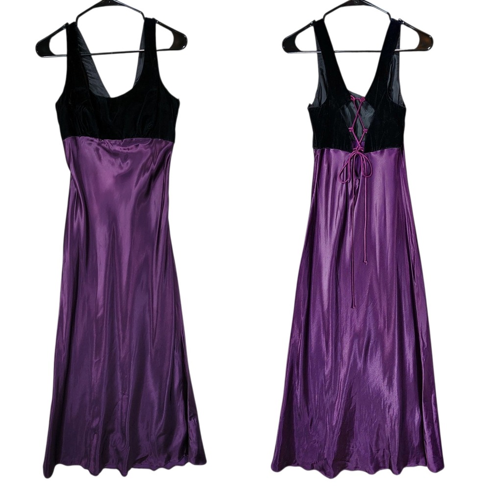 Vtg Roberta Velvet Satin Maxi Dress‎ 4 *(9/10) Black Purple Darkfairy Whimsigoth